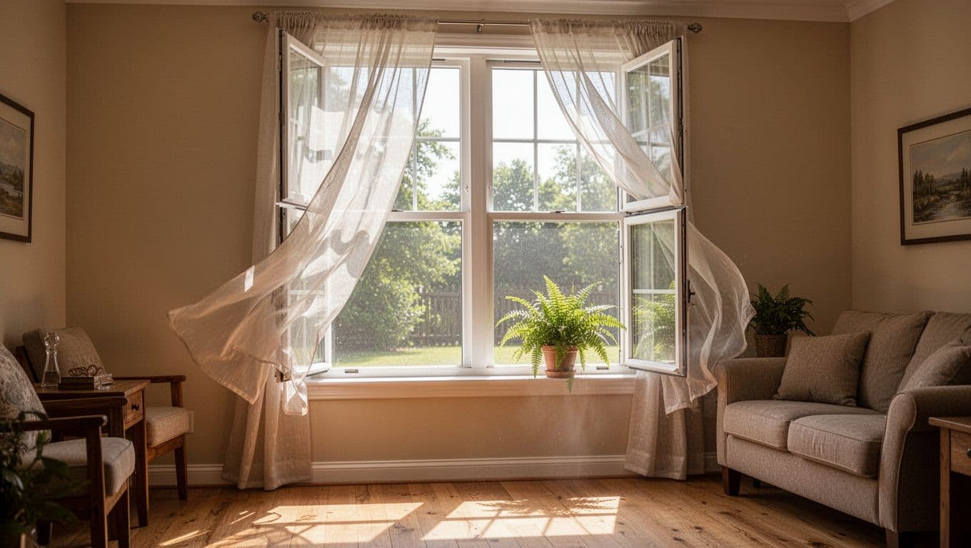 Photorealistic image of a sunny living room interior with a fully open double-hung window, light sheer curtains billowing inward from a breeze, and warm sunlight casting a glow on wooden floors and beige walls.