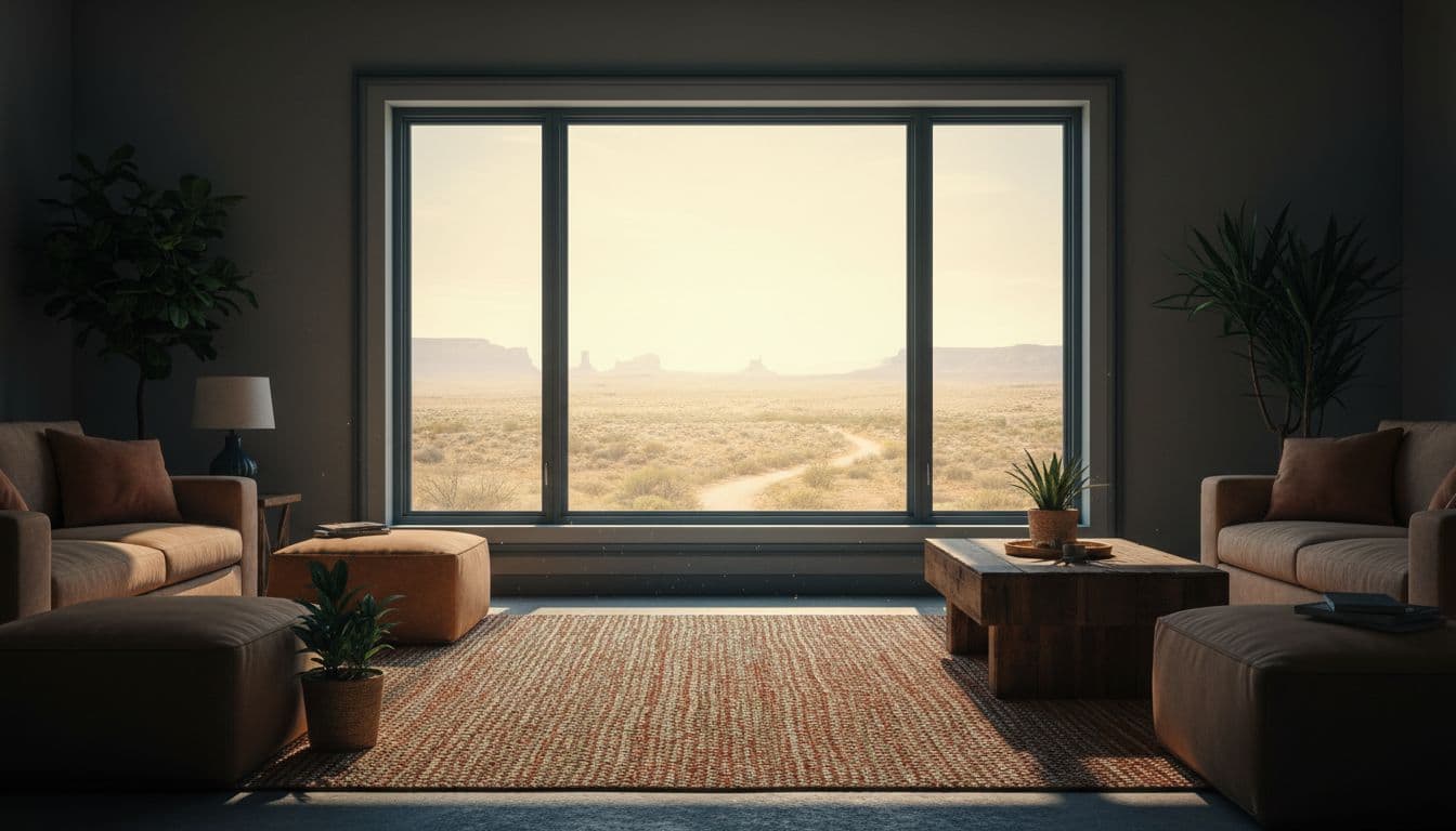 Newly installed energy-efficient window in a bright Texas living room with tight seals preventing summer heat entry, cool shaded interior contrasting intense sunlight outside.