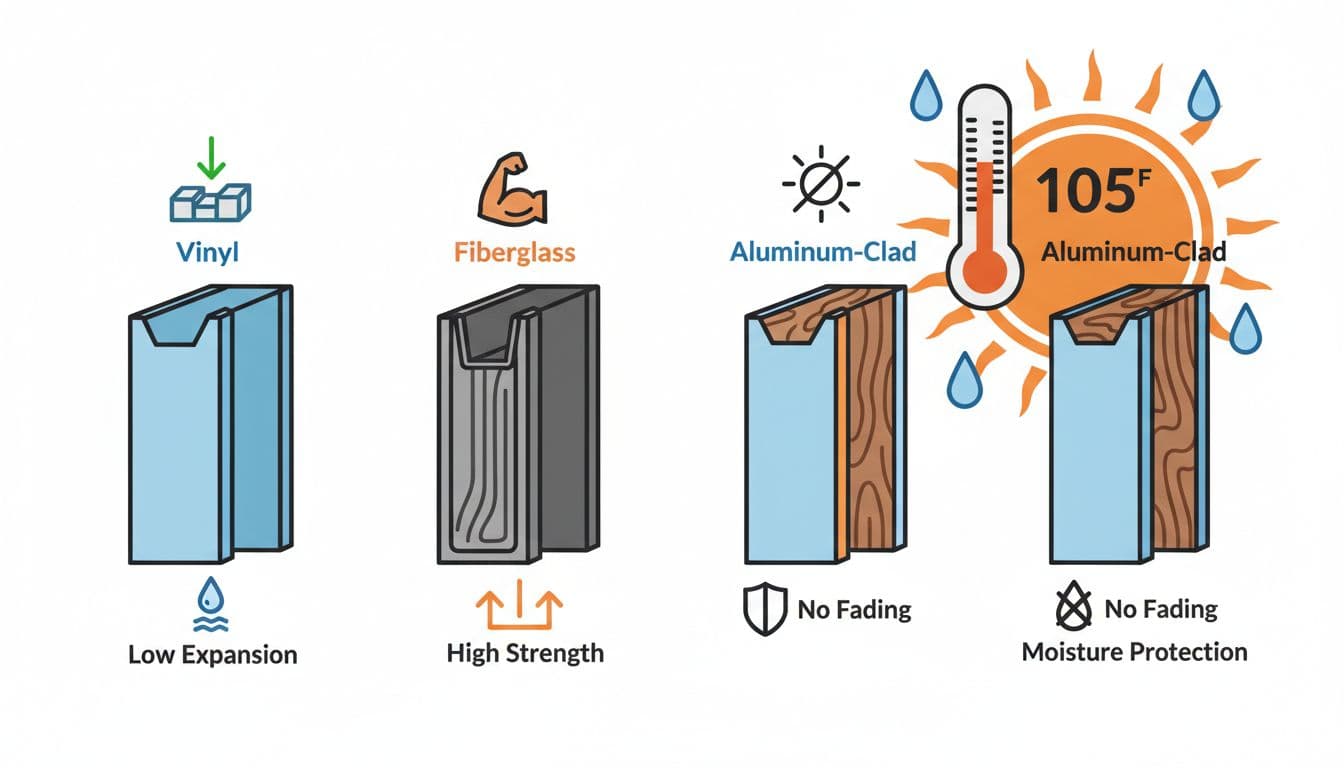 Vector illustration of cross-section views comparing vinyl, fiberglass, and aluminum-clad window frames enduring intense Texas heat, highlighting stability, rigidity, and protection from UV and moisture.