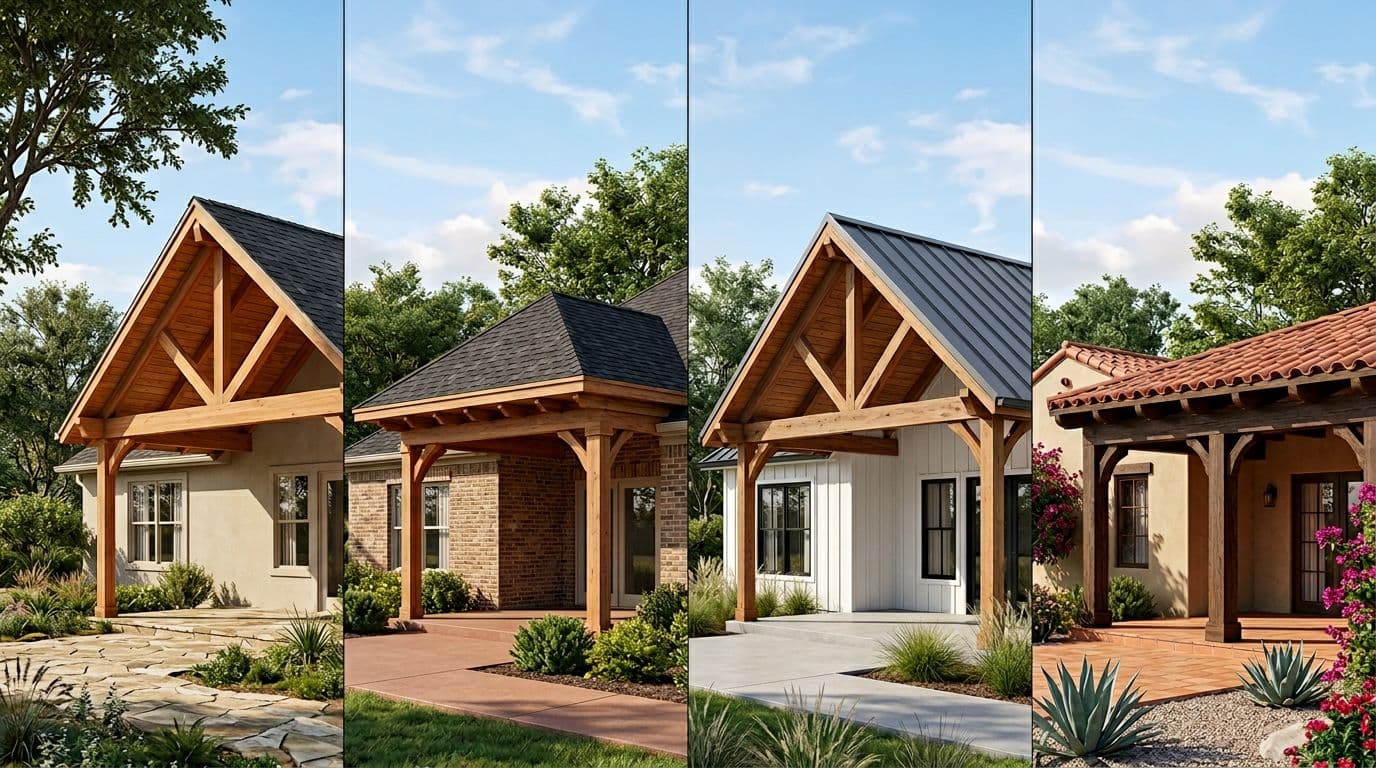 Four side-by-side photorealistic architectural vignettes of single-story Texas homes, each with a matching cedar patio cover for gable ranch, hip traditional, modern farmhouse gable, and Spanish Mediterranean low-slope roofs, showing precise roofline integration.
