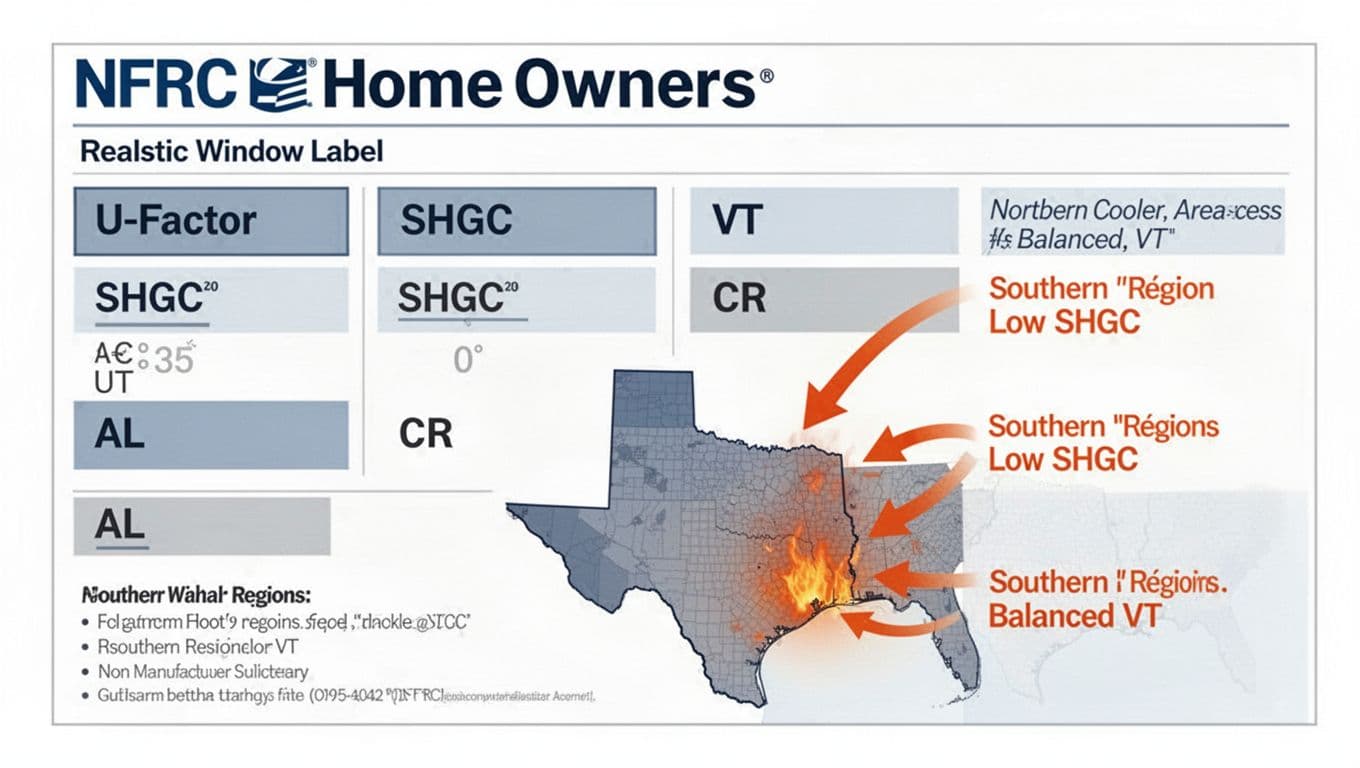 Clean educational infographic displaying realistic NFRC window label layout with sections for U-Factor, SHGC, VT, AL, and CR ratings. Includes Texas map outline highlighting southern hot regions needing low SHGC and northern areas favoring balanced VT, in professional neutral colors.