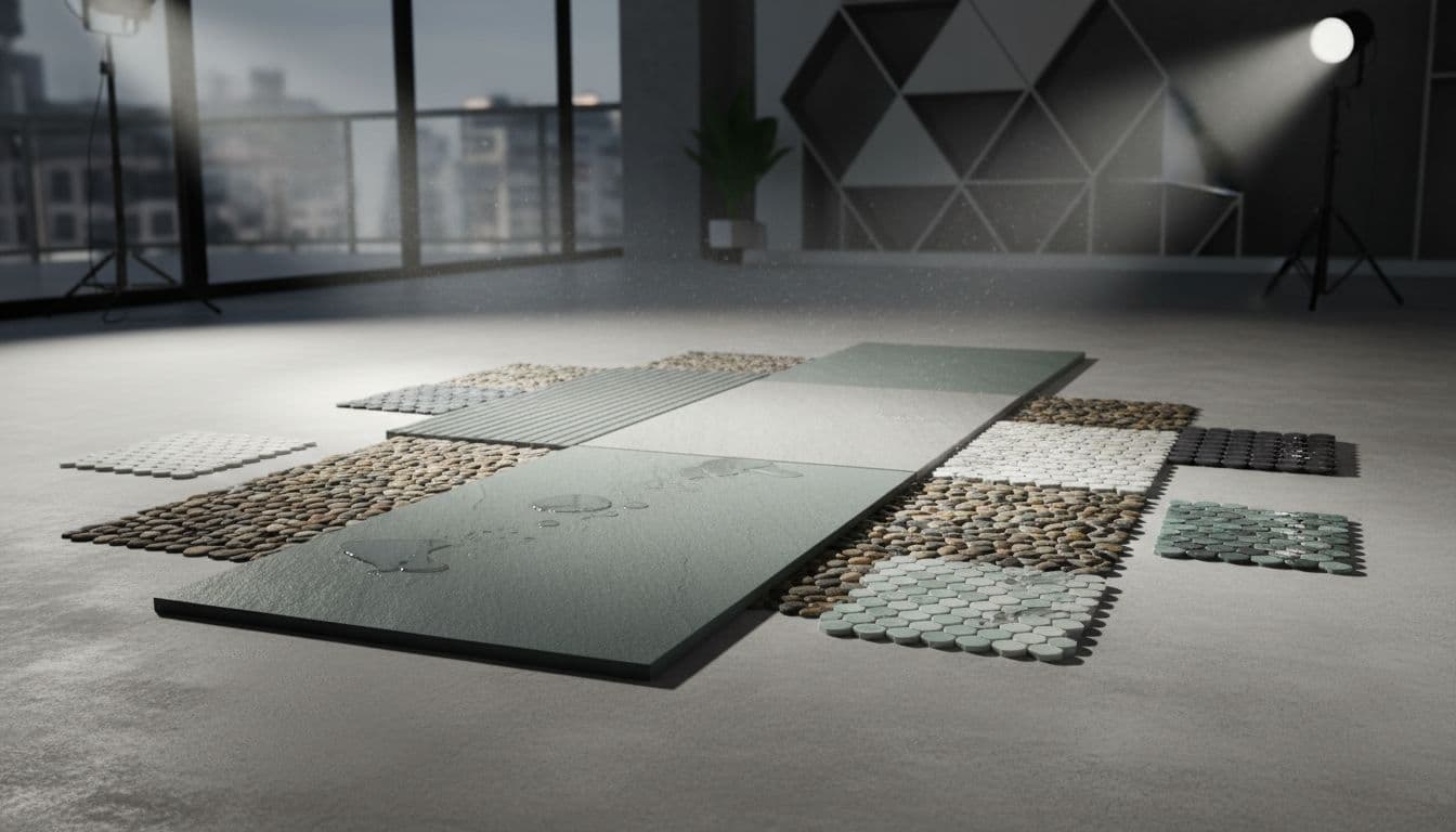 Assortment of matte porcelain slabs, small pebble mosaics, and textured ceramic pennies arranged on a neutral surface with light water mist to demonstrate wet slip-resistance. Captured in a modern design studio with cinematic overhead lighting, strong contrast, and depth emphasizing textures in landscape composition.