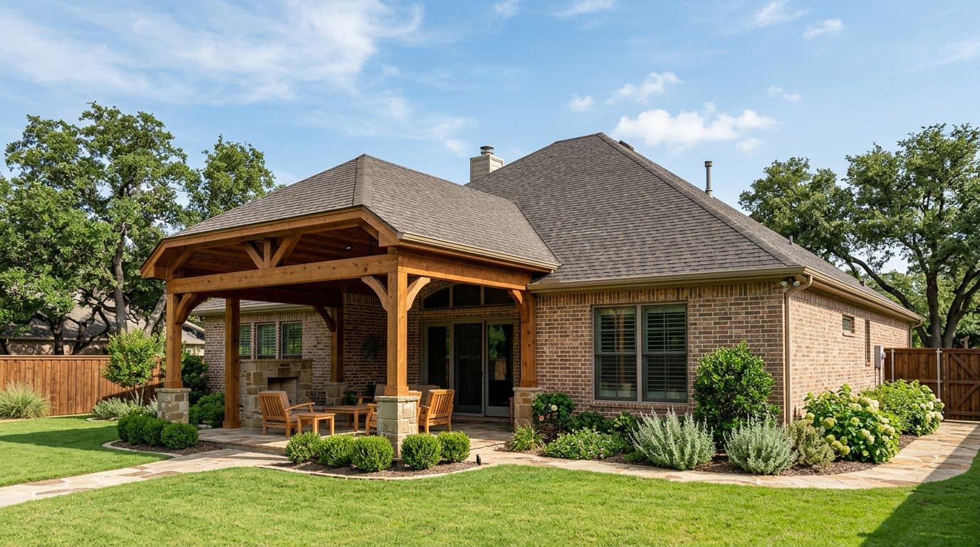 Photorealistic image of a traditional Texas hip roof home with attached cedar patio cover matching the hip roof pitch and details. Single-story brick house featuring warm natural cedar wood tones, bright sunny Texas sky, subtle green lawn and shrubs, clean composition focusing on seamless roofline blend.