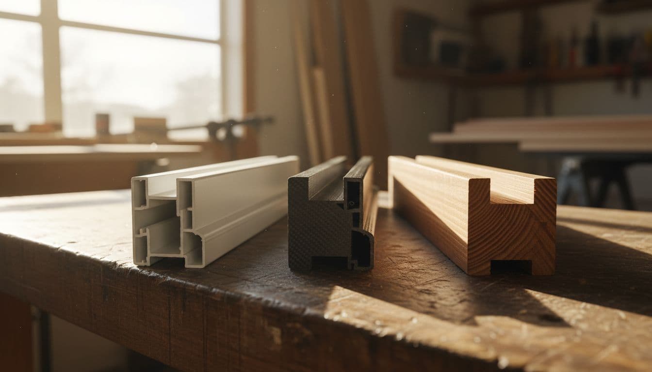 Close-up side-by-side comparison of vinyl, fiberglass, and wood frames for double hung windows arranged on a workbench in a Texas workshop, captured with natural daylight, subtle textures, cinematic style, strong contrast, and dramatic lighting.