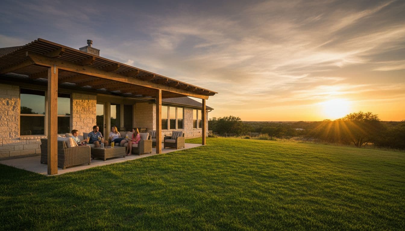 A cedar patio cover on a west-facing backyard in North Texas provides shade during late afternoon sunset, with golden light casting long shadows on the green lawn and patio furniture. A relaxed family of four sits under the cover enjoying drinks near their modern ranch house.