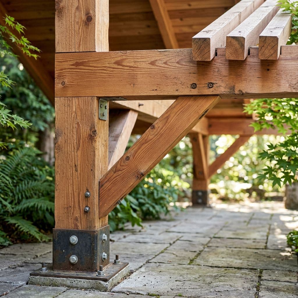 Photorealistic close-up of Western red cedar wood grain and construction details on a patio cover, including 6x6 post with metal base, knee brace joint, exposed rafter ends, and 2x8 header beam.