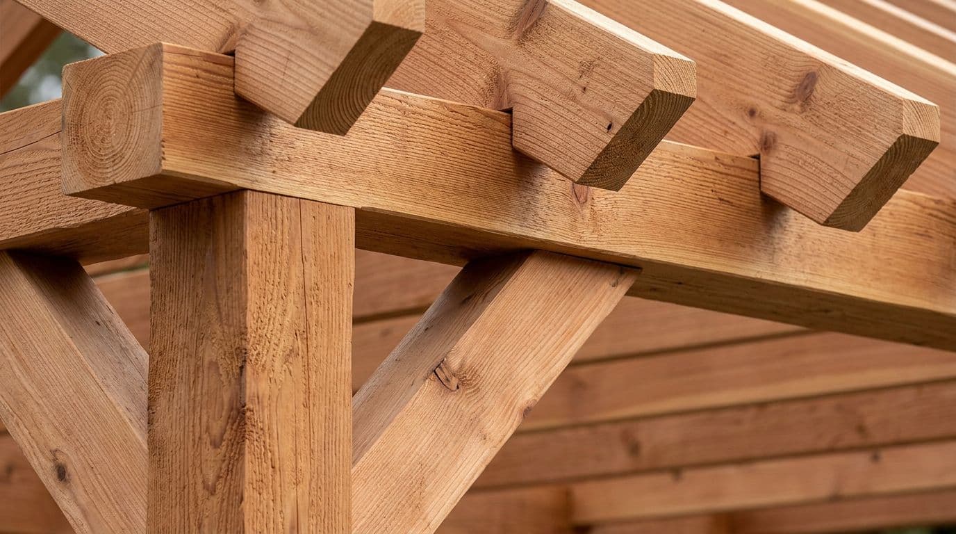 High-resolution realistic 3D close-up of premium Western red cedar patio cover elements: 6x6 post base with knee brace joint via concealed fasteners, 2x8 beam over rafters spaced 16 inches on-center, showcasing natural wood grain and precise joinery under soft natural lighting.