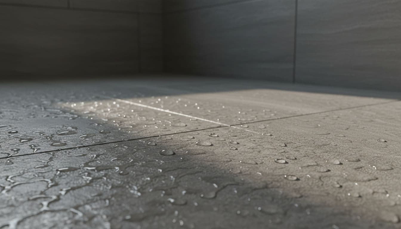 Close-up of textured slip-resistant porcelain shower floor tiles in a modern bathroom, with water beads on the surface highlighting the grip texture in subtle gray tones with veining.