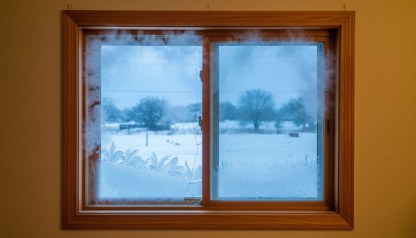 Window Drafts in Winter: Why Cold Air Comes Through Closed Windows In Winter And What To Do About It 2 Close-up inside a North Texas home during winter, depicting cold air drafts leaking through gaps around a closed double-hung window frame and sash, with frost on the interior glass pane and contrasting warm interior lighting against cold exterior snow.