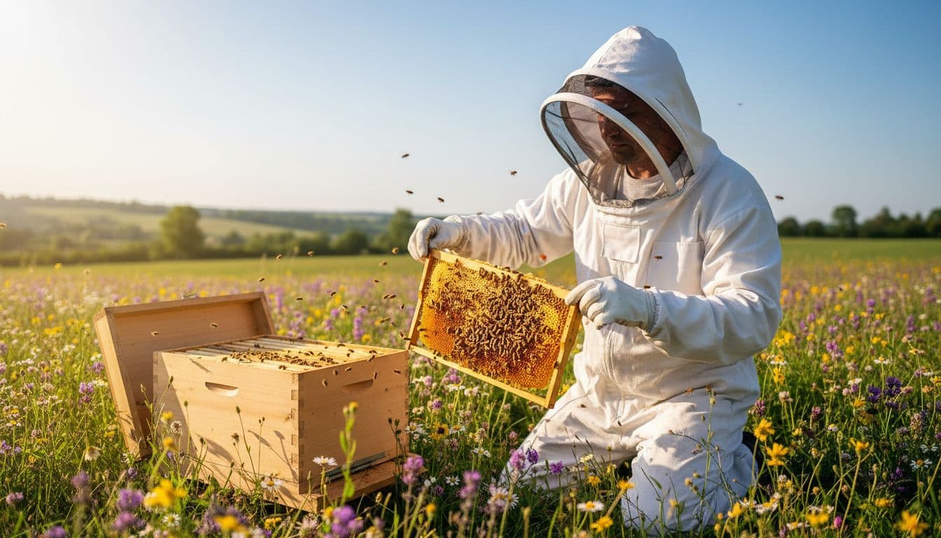 A beekeeper in a white protective suit carefully inspects a beehive in a sunny, flower-filled meadow, focusing on hands holding a honeycomb frame with bees gently flying around.