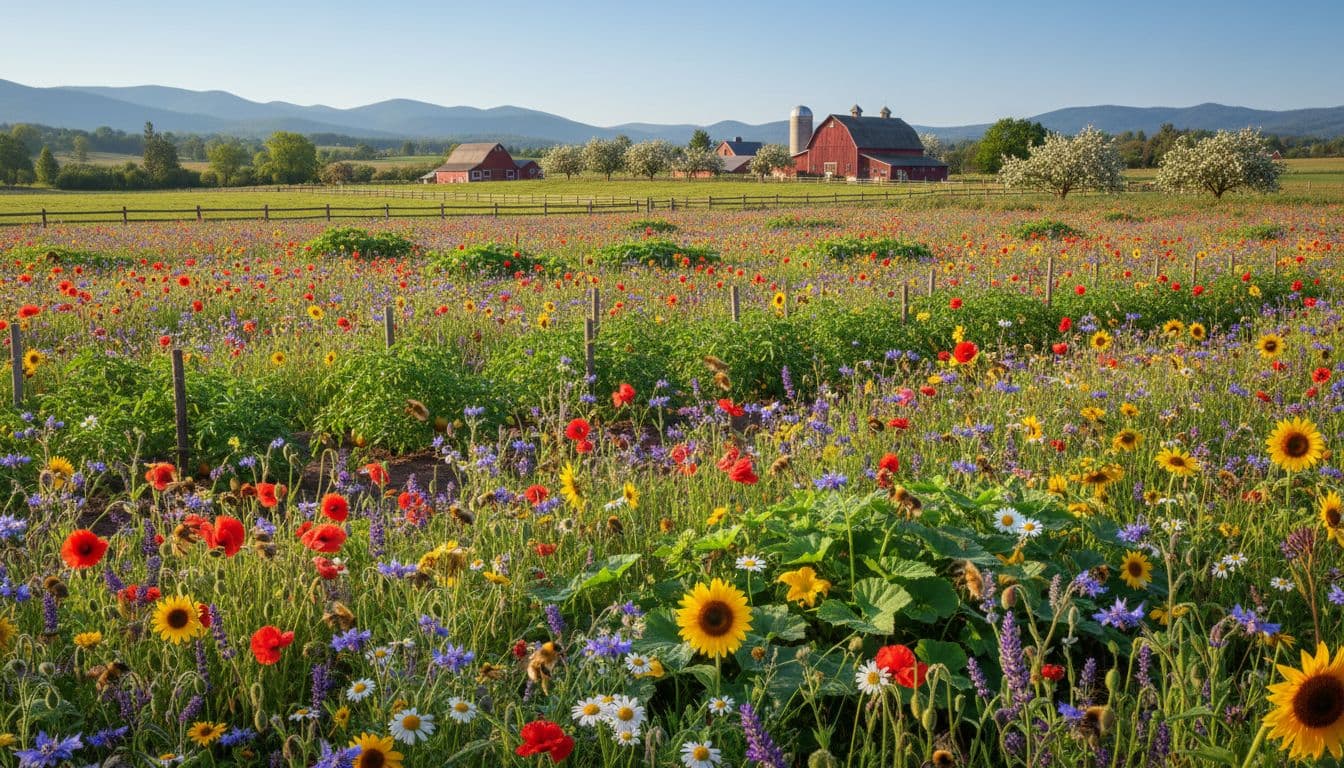 Busy bees pollinating colorful wildflowers and crops in a lush field bordering a farm, with dynamic action, pollen on legs, variety of plants, bright daylight, photorealistic landscape.