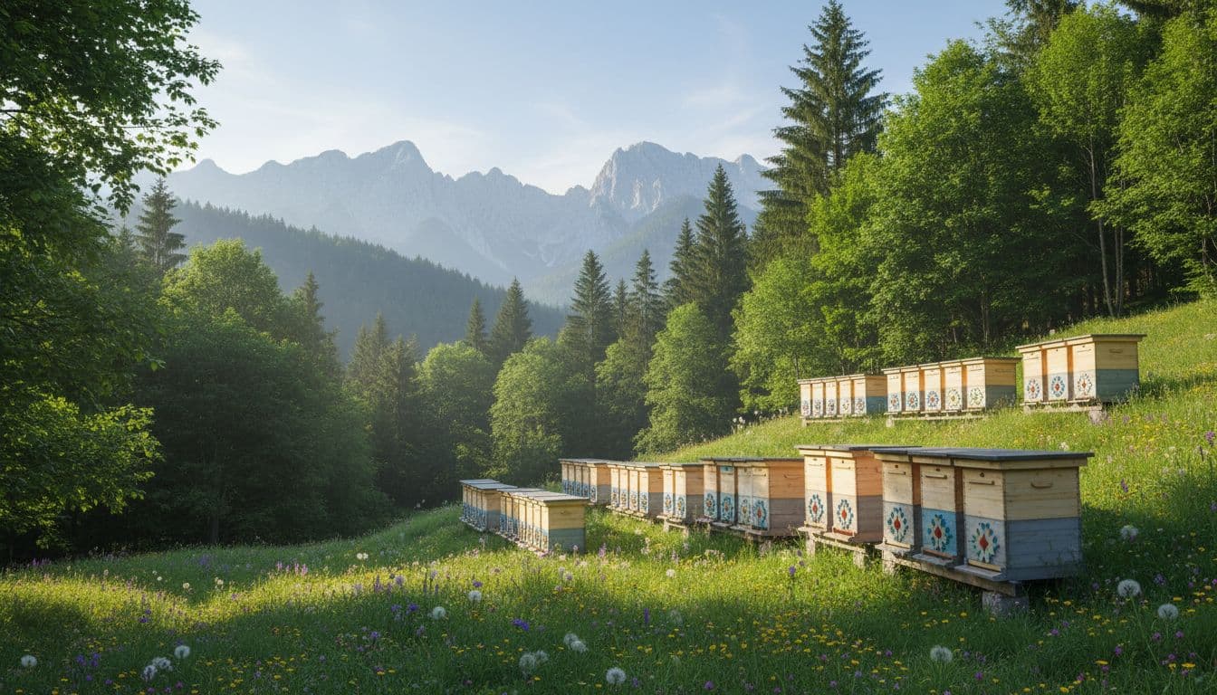 Traditional wooden beehives stacked on a green forested Slovenian hillside with distant mountains and wildflowers, serene summer day with soft natural light.