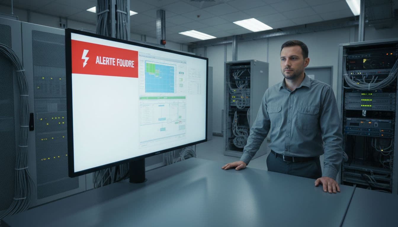A professional realistic photo of a BMS control panel in a building supervision room, screen showing red lightning alerts with bolt icon, calm technician observing with hands on table, technical room background with cables and servers under soft fluorescent lighting.