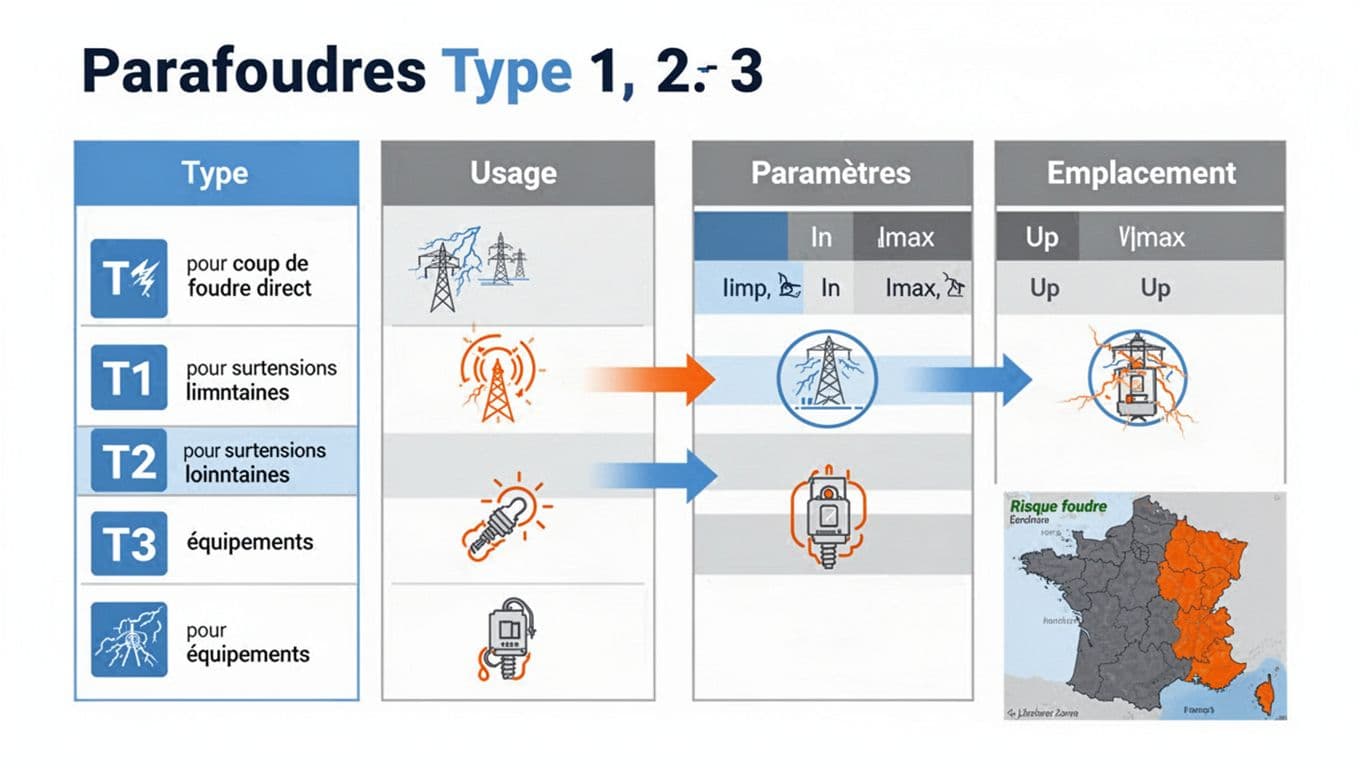 Infographie moderne en français présentant un tableau comparatif des parafoudres types 1, 2 et 3 avec usages, paramètres techniques (Iimp, In, Imax, Up), emplacements et coordination via flèches. Inclut une petite carte des risques de foudre en France, icônes illustratives et couleurs bleu, gris, orange sur fond blanc.