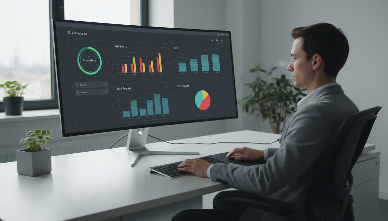 Realistic photograph of a single person seated at a desk using a custom LPS dashboard on a computer screen, featuring widgets for EU compliance, risk alerts, LPS reports, and an intuitive user interface under natural light.