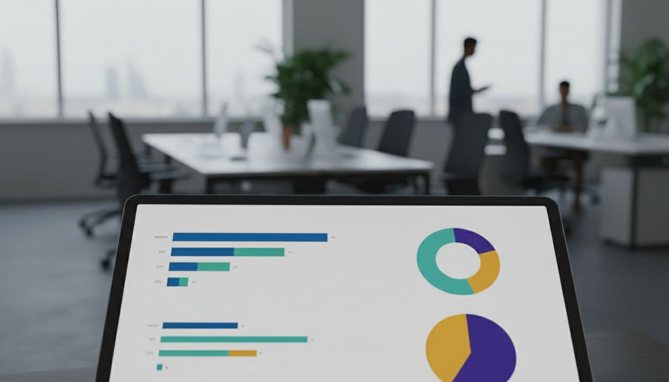 A handheld tablet displays abstract circular charts and progress bars against a blurred, professional office background. The sleek device highlights organized technical data used for tracking complex corrective management tasks.