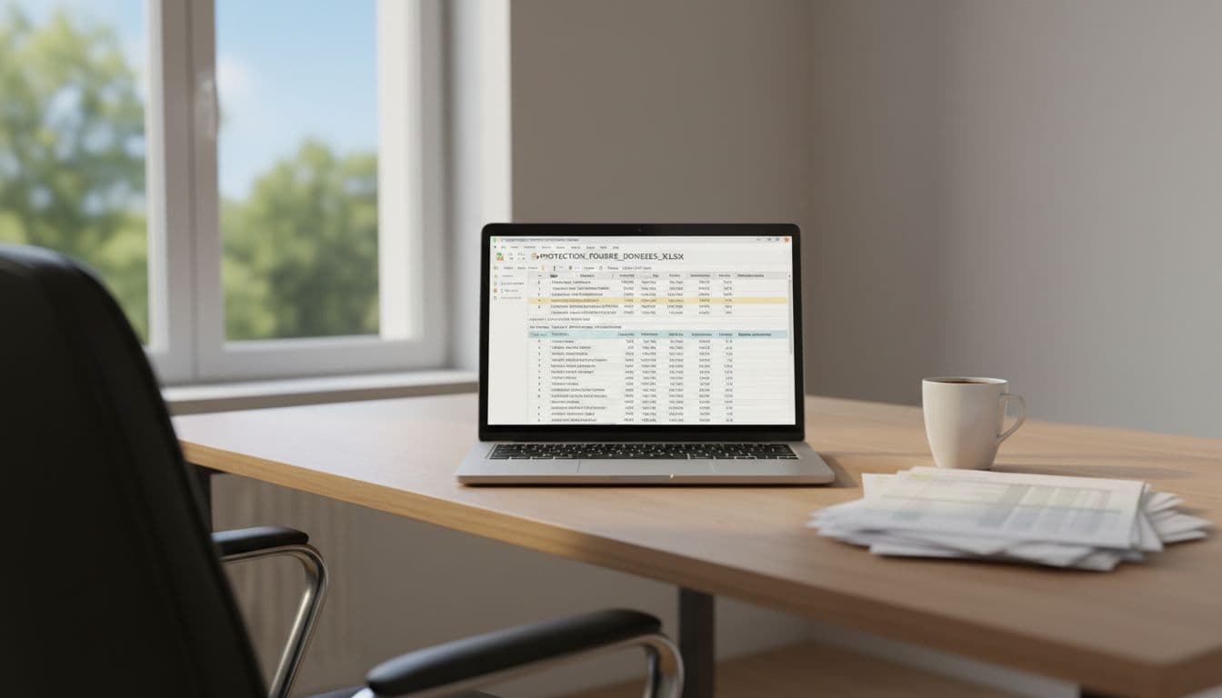 A realistic photograph of a work desk featuring a laptop displaying an open Excel spreadsheet with lightning protection data tables, accompanied by printed papers and a coffee cup under soft natural window lighting.