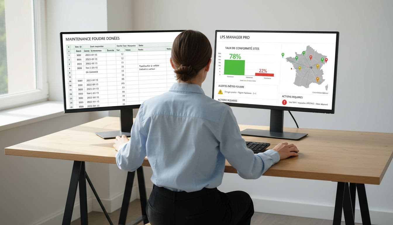 A modern office desk shows a side-by-side comparison of a simple Excel spreadsheet with lightning maintenance data on the left and a professional LPS software screen with compliance graphs, site maps, and weather alerts on the right. One person sits centered, hands on the desk, under bright natural lighting in a realistic photo style.