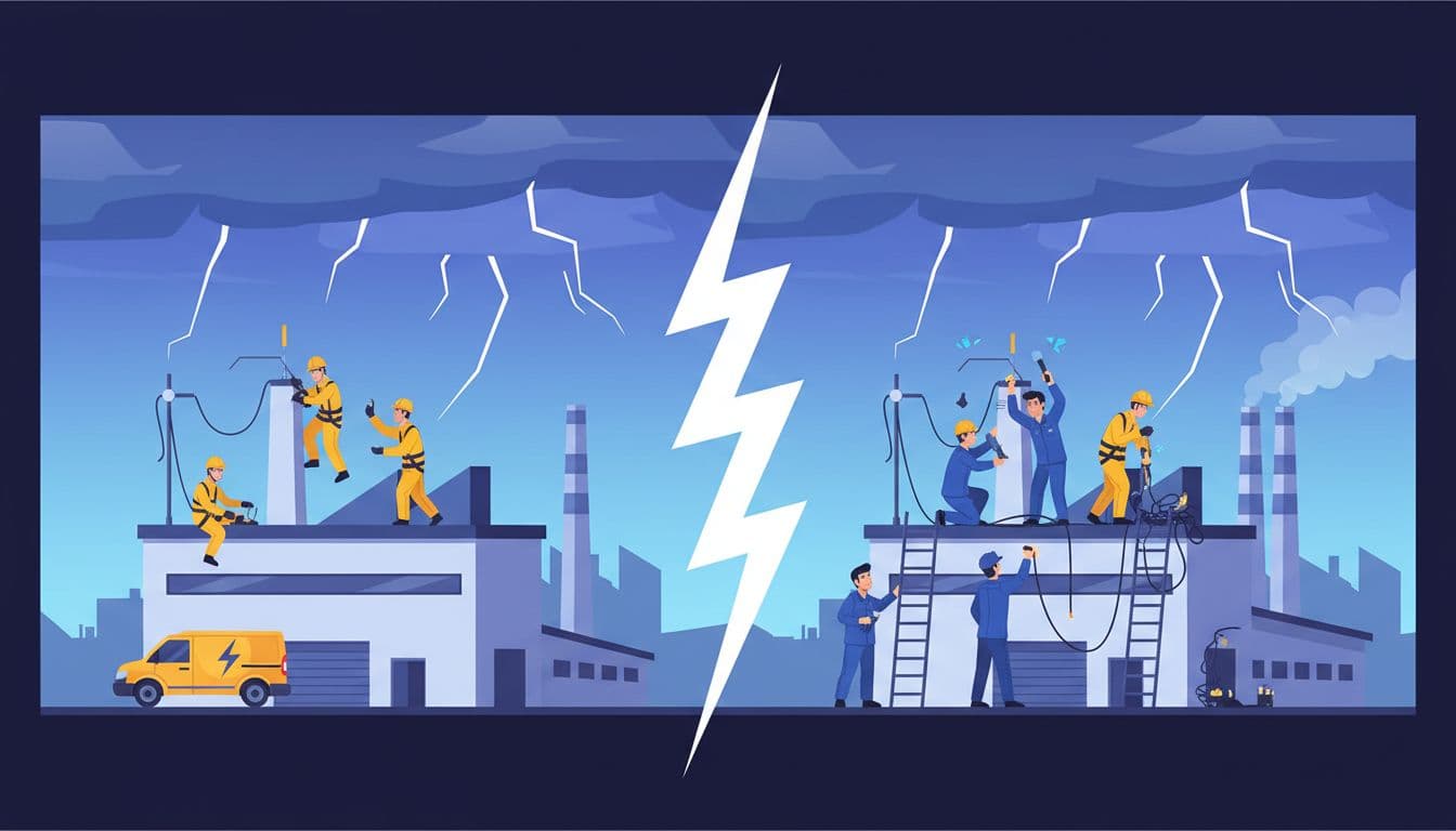 Side-by-side visual comparison of industrial factories: one with professional external lightning maintenance technicians, the other with internal site employees, under a stormy sky, in clear vector illustration style.