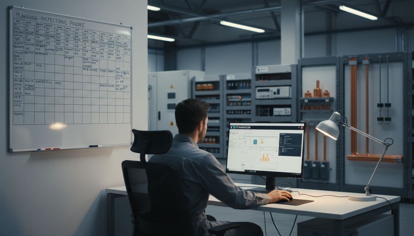 Modern realistic photo of an internal maintenance team's office in a factory, featuring a person at a desk with LPS Manager software open on the computer and a board displaying lightning inspection planning, with lightning protection equipment in the background.