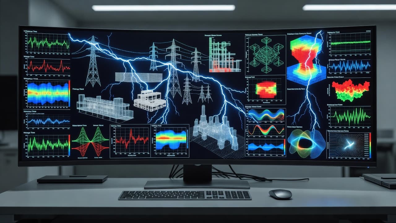 A computer monitor displays detailed technical graphs and complex lightning protection simulation schematics within a modern office setting. The soft ambient lighting emphasizes the data-driven workstation environment in this quiet room.