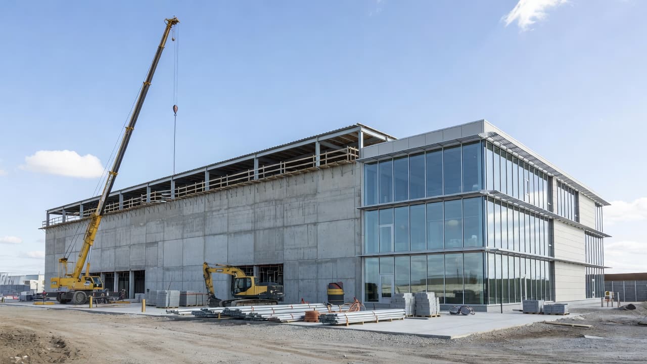 An unfinished industrial structure sits beside a sleek, contemporary building extension. Scaffolding surrounds the outer walls under bright daylight, highlighting the transition between the original framework and the new architectural addition.
