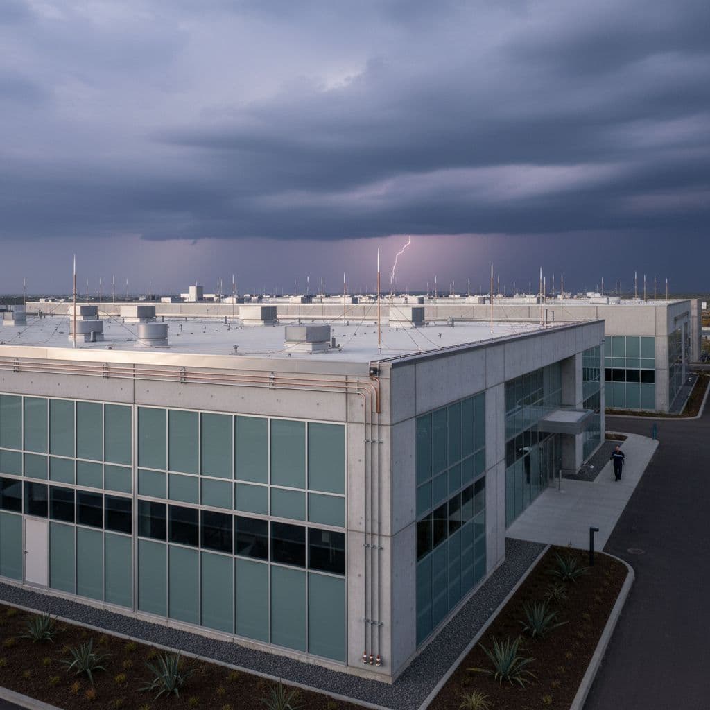 A modern industrial facility with lightning rods installed on the rooftop under a cloudy sky.