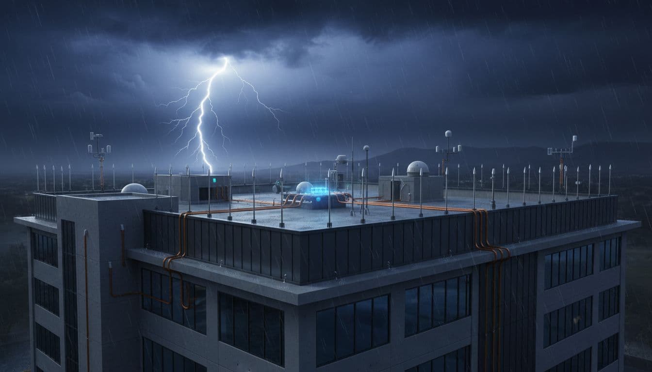 A commercial building fitted with lightning rods and connected roof sensors endures a nighttime thunderstorm, illuminated dramatically by distant lightning in a realistic atmospheric illustration.