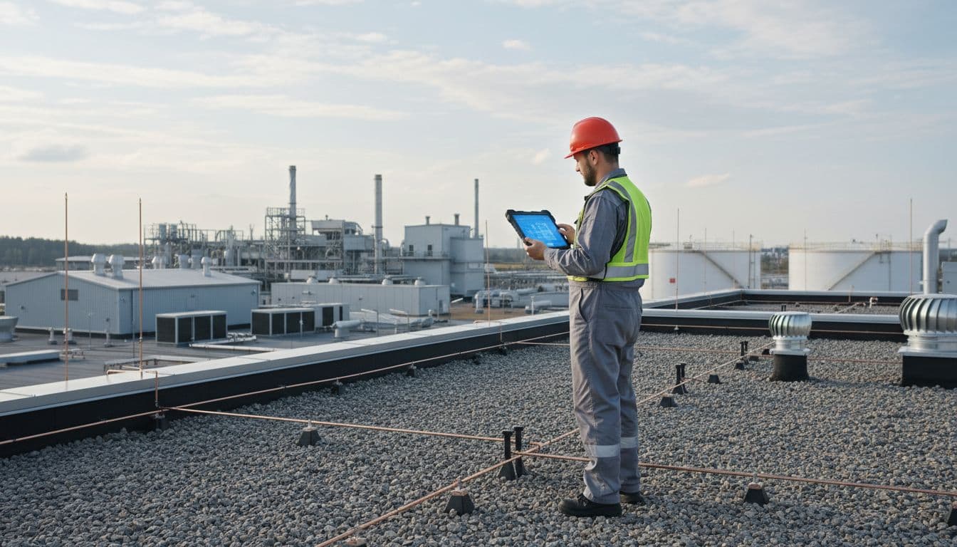 A focused technician in professional attire reviews data on a digital tablet while standing on a roof. Behind him, the complex architecture of an industrial facility is visible under soft daylight.