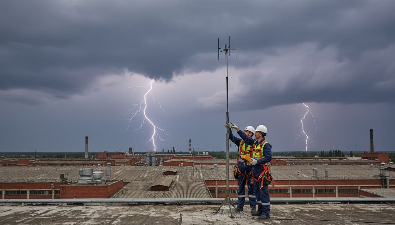 Two safety-geared technicians with tools inspect a lightning rod on an industrial factory roof under a cloudy sky with distant lightning, in a realistic photo style with dramatic natural lighting.