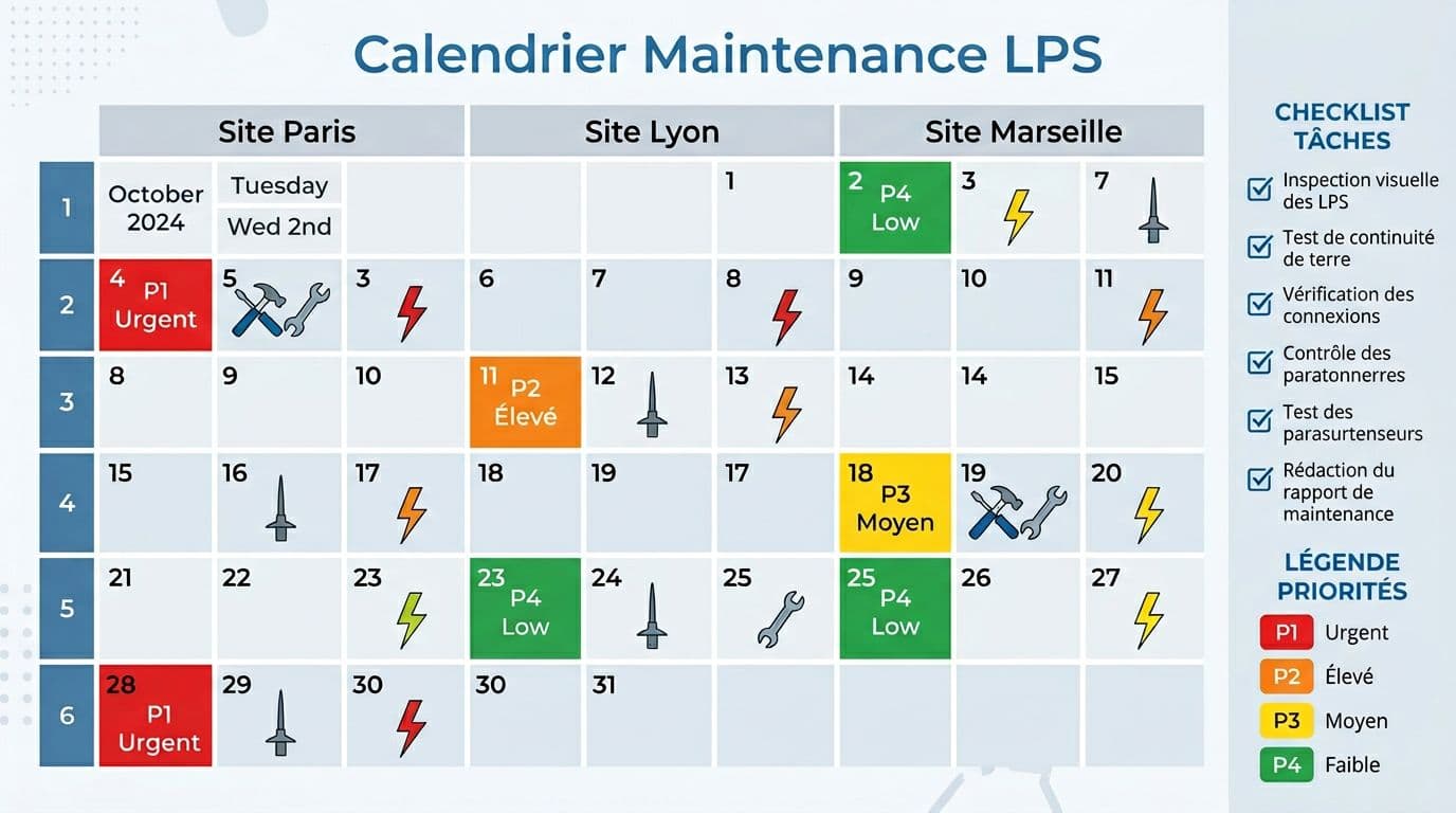 Illustration professionnelle style infographie corporate d'un calendrier mensuel de maintenance LPS pour sites Paris, Lyon et Marseille, avec jours marqués par priorités colorées et icônes spécifiques.