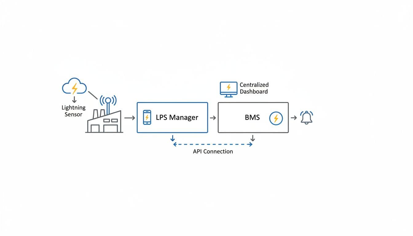 Simple schematic diagram of LPS Manager software integration with BMS system for lightning alerts, showing data flow from lightning sensor to mobile app and centralized dashboard with icons for surge protector, storm cloud, industrial building, and API connections in a minimalist technical style.