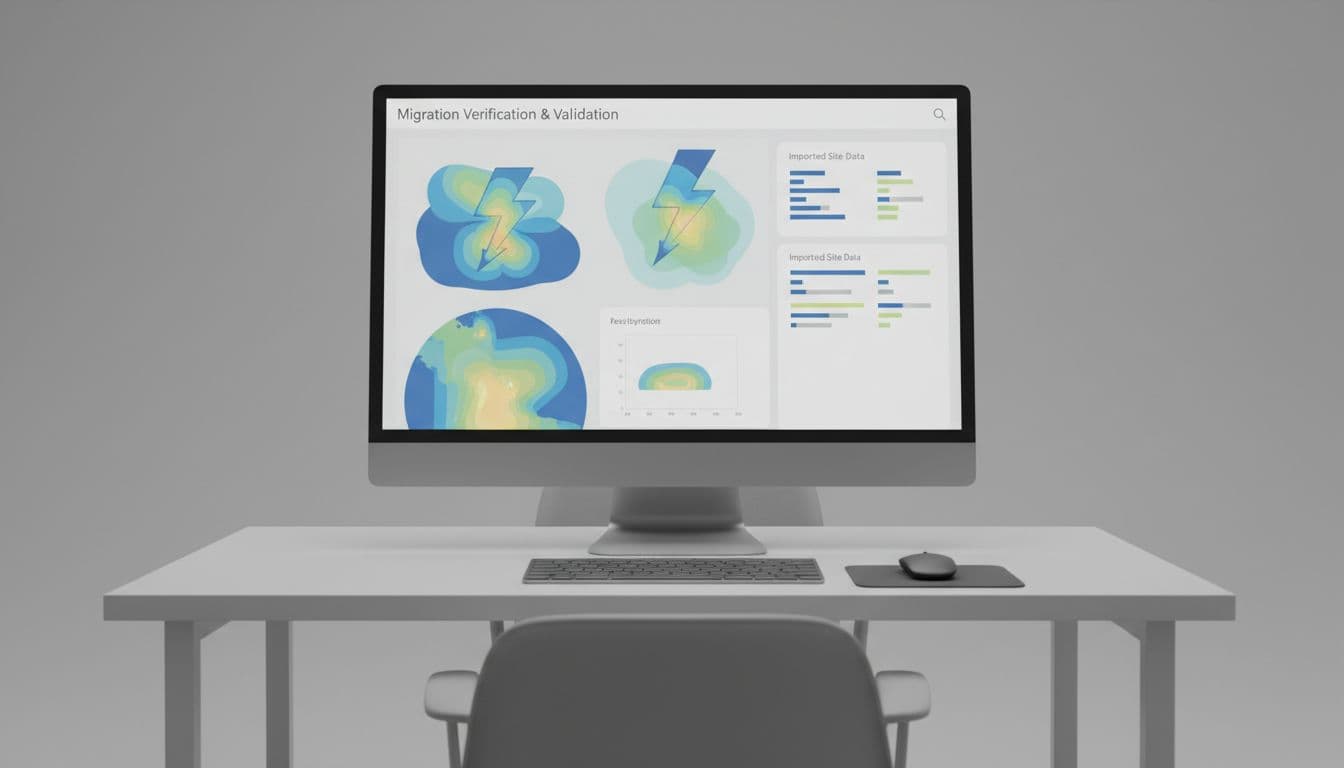Modern software interface on a computer screen showing a dashboard with lightning protection graphs and imported site data, clean desktop background, neutral studio lighting, realistic blurred screenshot style, wide composition with no people or readable text.