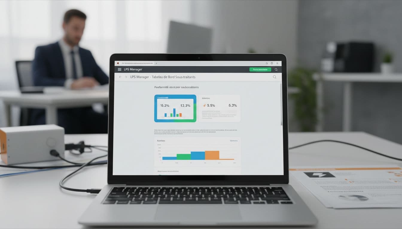 Laptop screen shows LPS Manager dashboard with subcontractor compliance, audits, alerts, and simple charts on office desk.