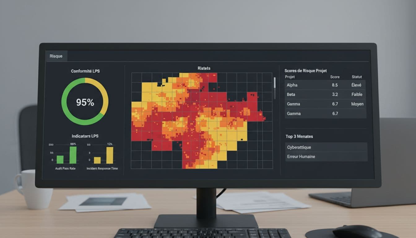 Professional LPS dashboard screen displaying risk metrics with heat map, compliance indicators, score tables, modern infographic style on neutral background.