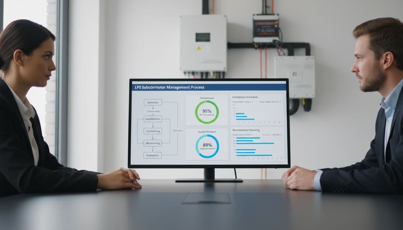 Two professionals collaborate around digital dashboard showing LPS subcontractor management graphs and schedules, blurred surge arrester installation background.