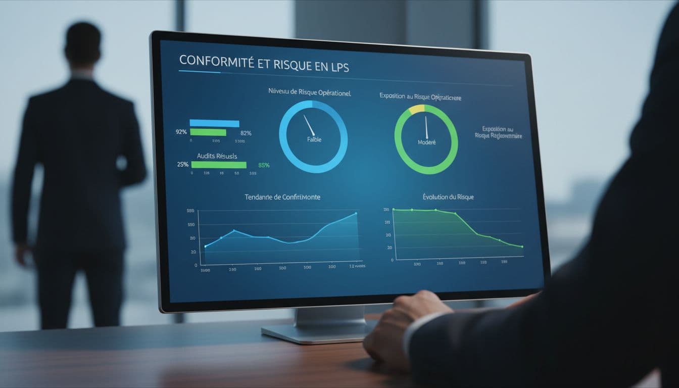 Tableau de bord numérique moderne affichant des KPIs pour conformité et risque en LPS, avec graphiques en barres, jauges de risque, courbes de tendances en bleu et vert, une personne en arrière-plan.