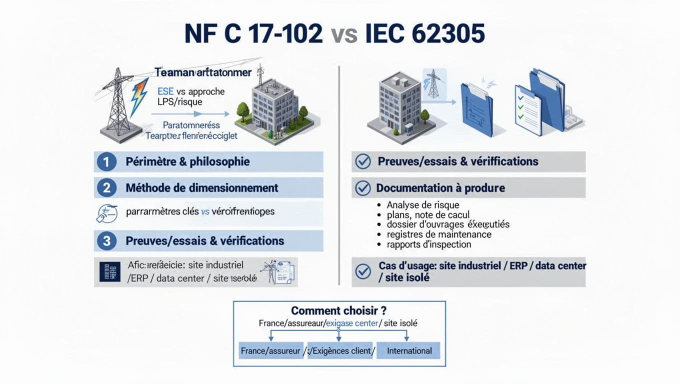 Infographie technique en français comparant les normes NF C 17-102 et IEC 62305 pour la protection contre la foudre, avec sections sur périmètre, dimensionnement, essais, documentation et cas d'usage, incluant un arbre de décision pour le choix.