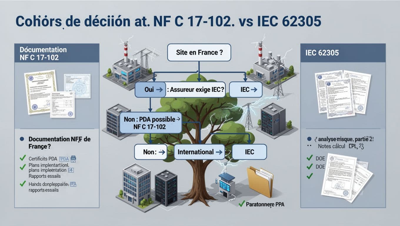 Infographie technique en français montrant un arbre de décision pour choisir entre les normes NF C 17-102 et IEC 62305 pour la protection contre la foudre, selon si le site est en France et les exigences de l'assureur. Inclut icônes de bâtiments industriels, ERP, data centers, paratonnerres PDA vs classiques, et sections de documentation requise pour chaque norme.