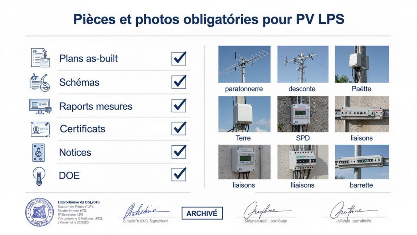 Illustration minimaliste vectorielle en paysage listant les pièces jointes obligatoires (Plans as-built, Schémas, Rapports mesures, Certificats, Notices, DOE) avec cases à cocher et vignettes photos (paratonnerre, descente, terre, SPD, liaisons, barrette) pour un PV de réception LPS, incluant en-tête, tampons Archivés et signatures.