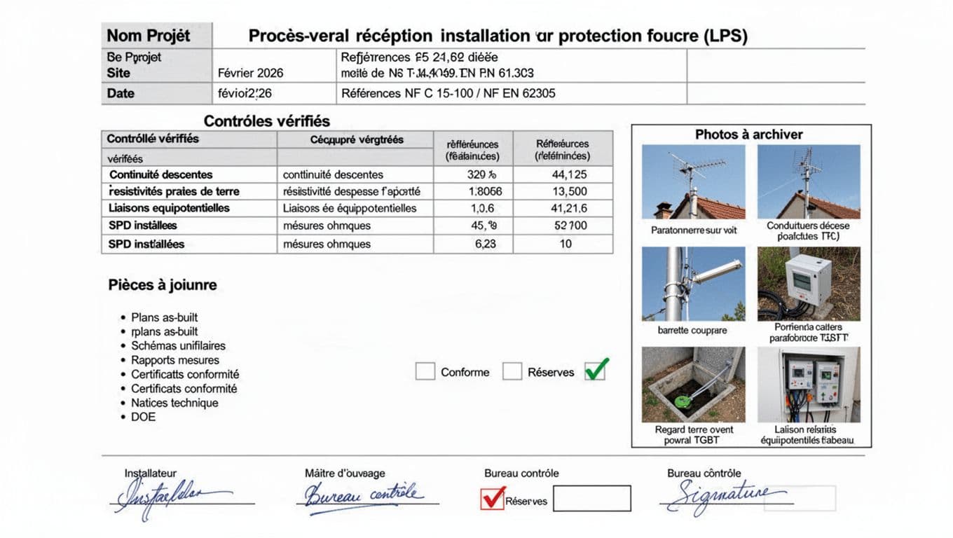 Illustration technique professionnelle en paysage d'un PV de réception pour installation LPS conforme NF C 15-100 et NF EN 62305, avec tableau de contrôles, pièces jointes listées, photos légendées et signatures.