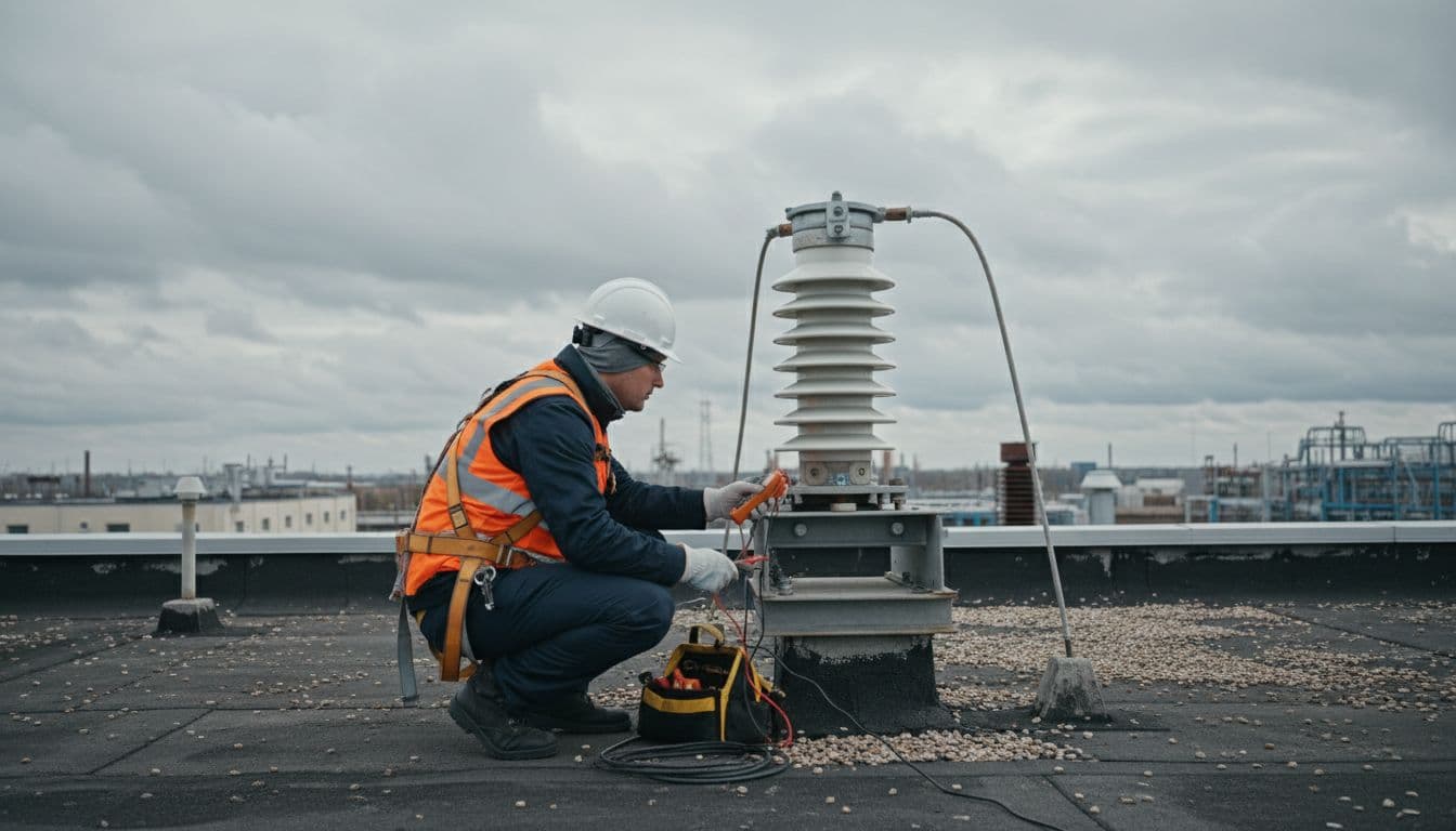 A safety auditor in protective gear checks a lightning rod on an industrial roof under a cloudy sky, holding tools in a wide realistic photo composition with diffuse natural lighting.