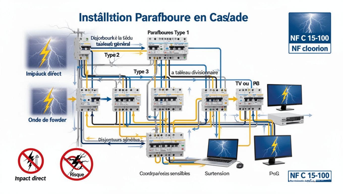 Infographie moderne en français illustrant l'installation parafoudre en cascade : Type 1 au tableau général, Type 2 au divisionnaire, Type 3 près des appareils sensibles comme TV ou PC, avec pictos risques et coordonnation.