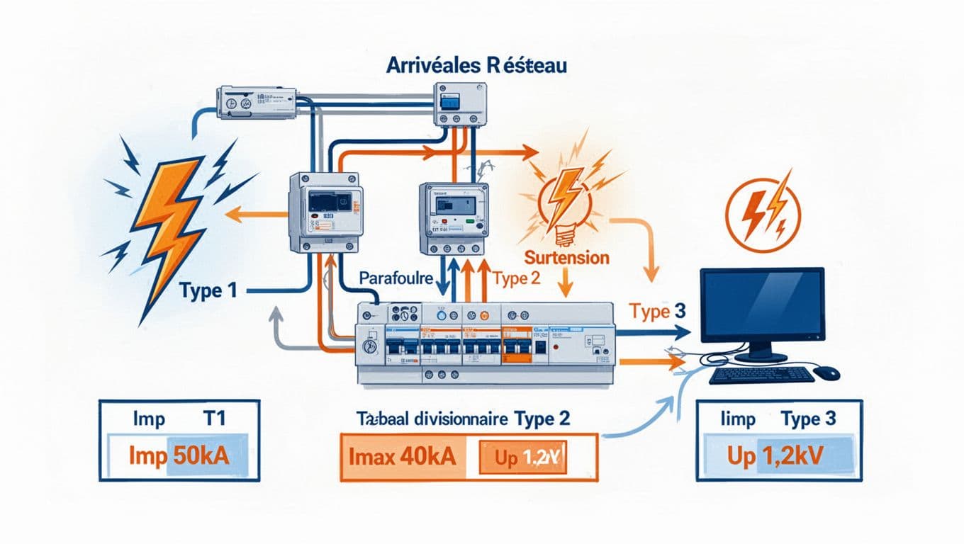 Infographie vectorielle claire et moderne illustrant une installation électrique résidentielle avec parafoudres Type 1 à l'arrivée réseau, Type 2 au tableau divisionnaire et Type 3 près des équipements sensibles, montrant le flux de protection en cascade avec pictogrammes et paramètres clés.