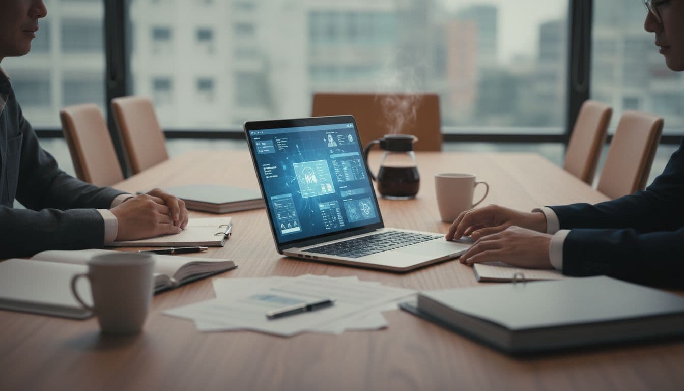 Deux personnes assises en réunion autour d'un ordinateur portable affichant un logiciel de gestion LPS, avec des documents et du café sur la table, style photo professionnelle lumière douce.
