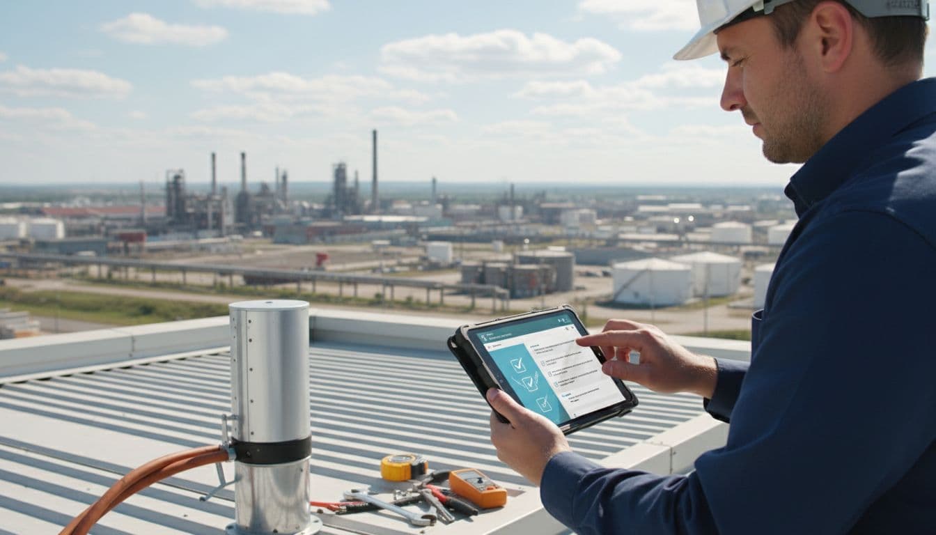 Technician on industrial site verifies LPS installation with side-view tablet, tools and surge protector nearby.