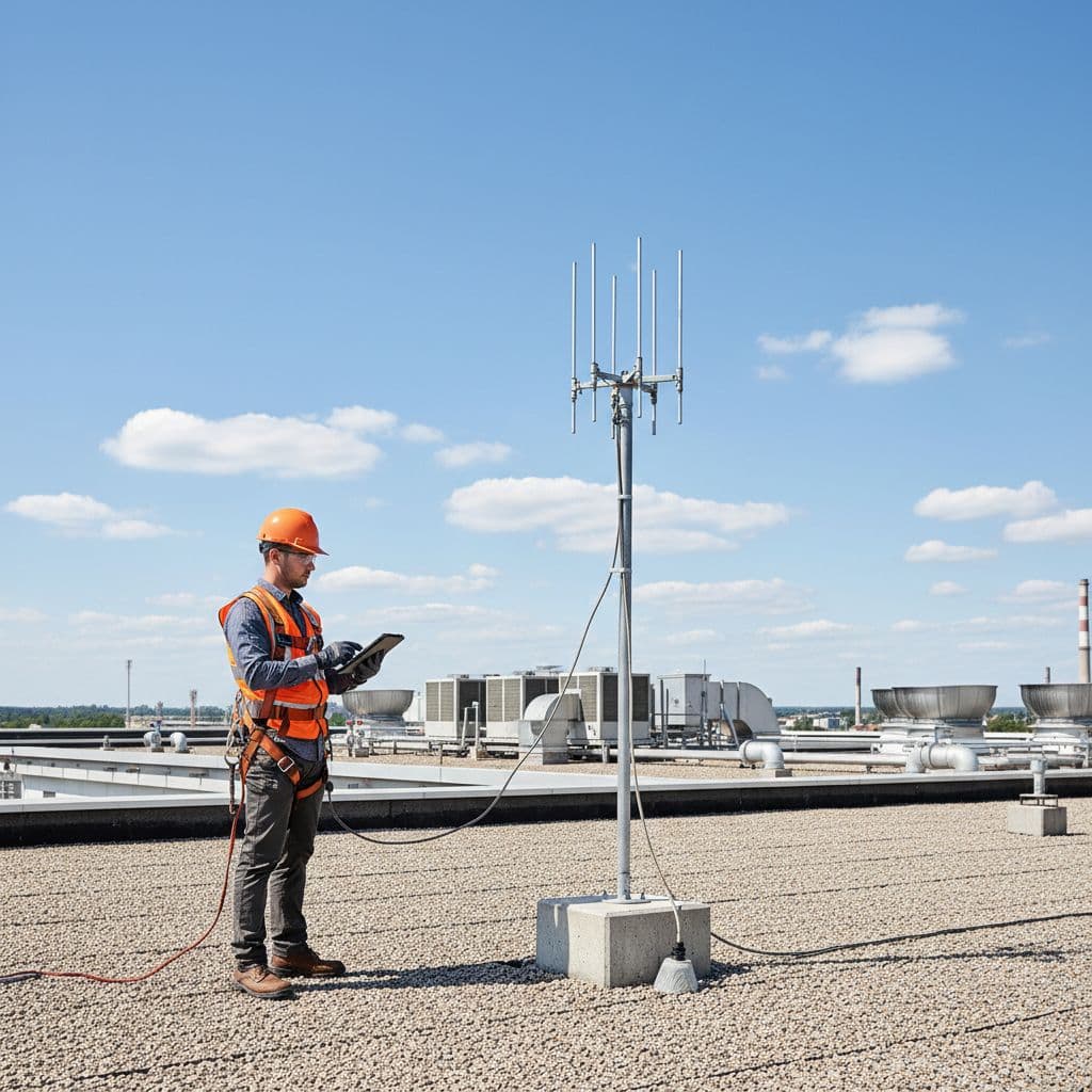 Un technicien équipé inspecte un paratonnerre sur un toit industriel en utilisant une tablette numérique.