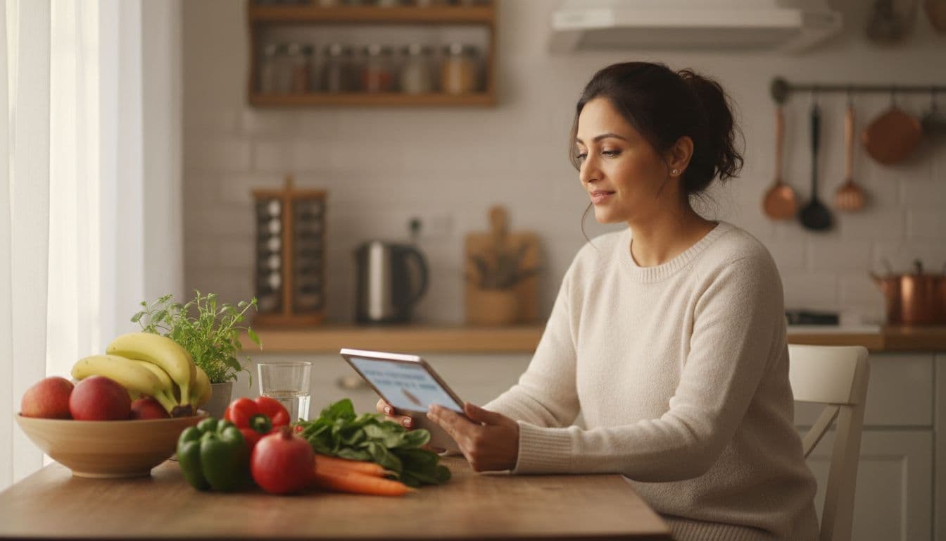 Indian woman holds tablet in cozy kitchen with fresh fruits and vegetables on table.