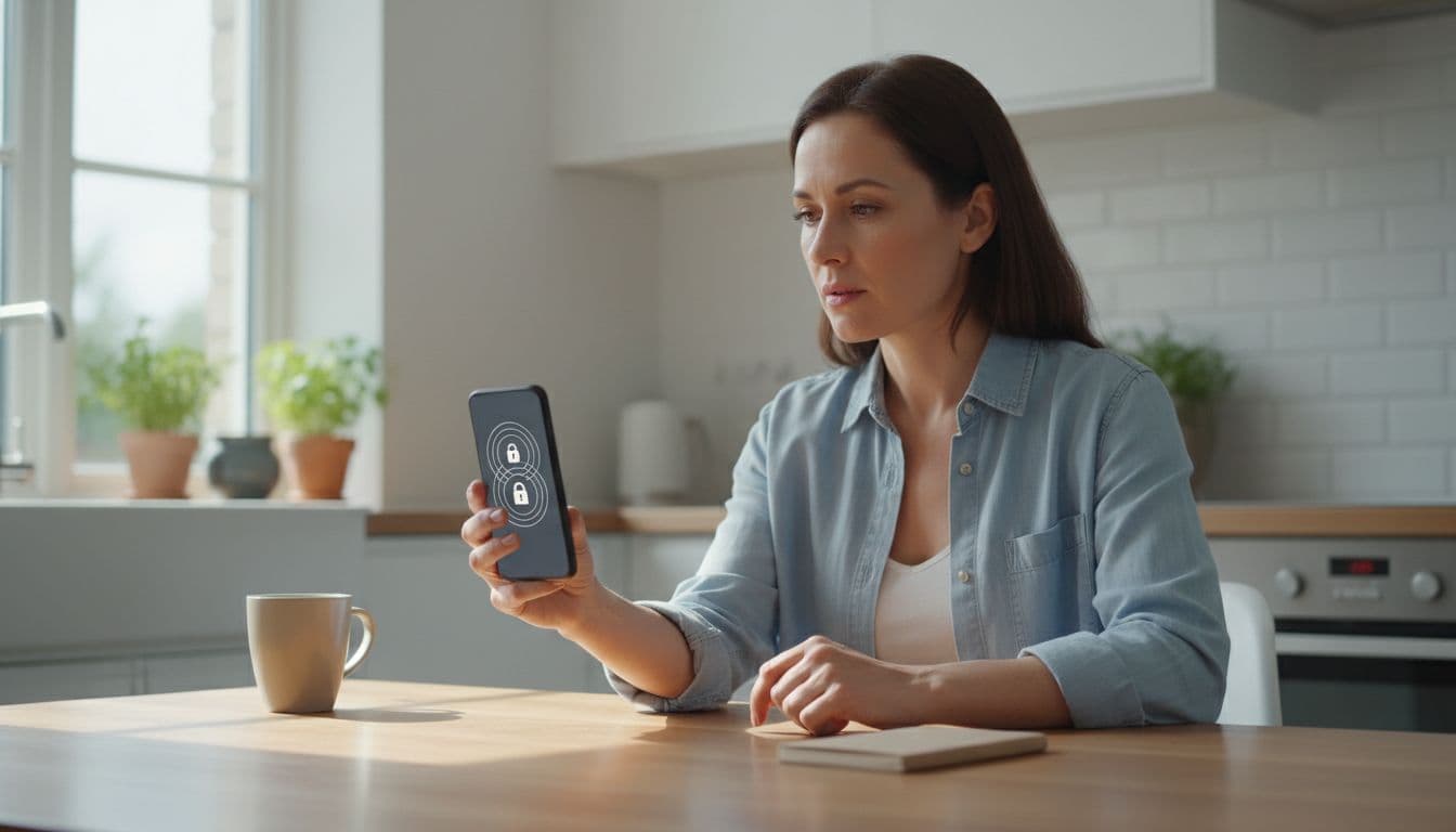 Person with cautious expression sits at kitchen table holding phone showing secure payment screen.
