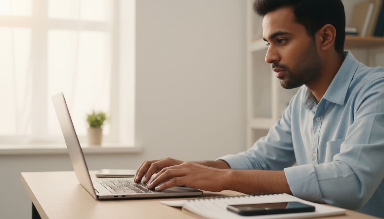 Young Indian man focused on laptop in simple home office with notebook and phone on desk, natural window light.